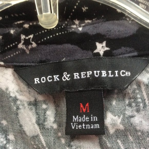 Rock & Republic Black Astrological Print Celestial Velvet Trim Shirt Size Medium - Picture 3 of 5